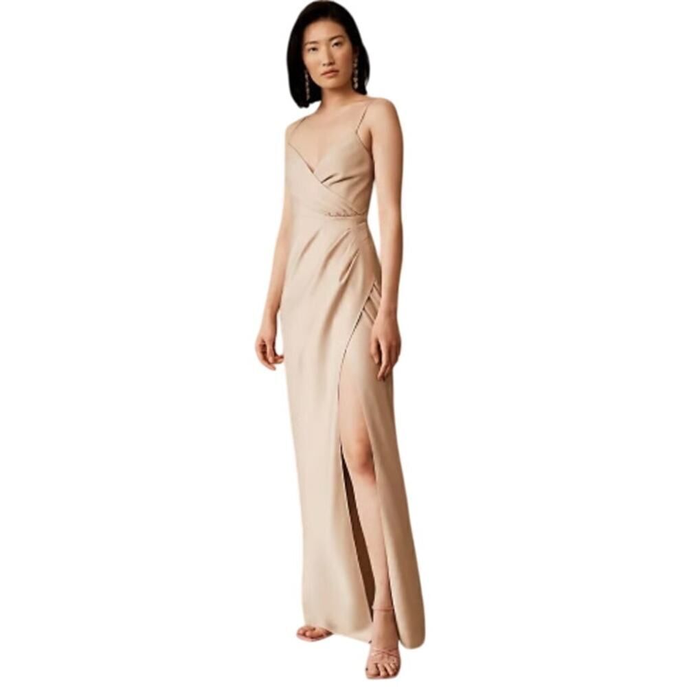 Sachin & Babi Freya Dress Women's 4 Champagne Satin V-Neck Sleeveless Maxi Gown